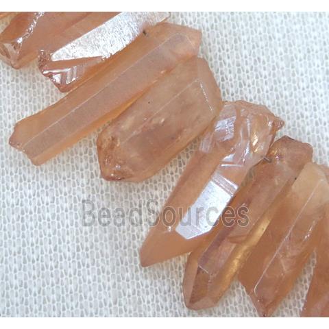 clear quartz bead, stick, freeform, pink electroplated