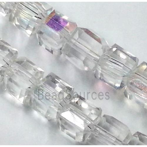 Chinese crystal glass bead, faceted cube, white AB color