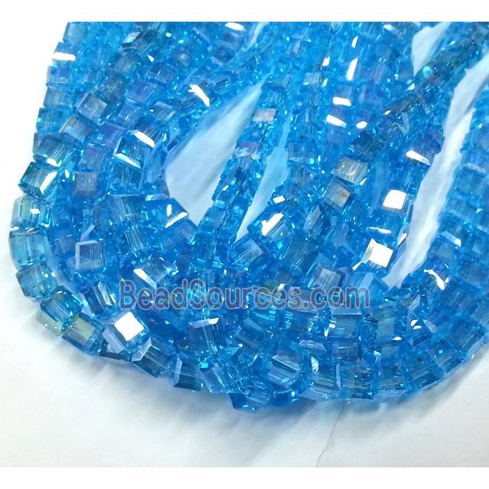 Chinese crystal glass bead, faceted cube, blue