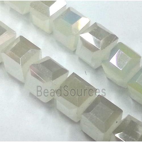 Chinese crystal glass bead, faceted cube, white jade AB color