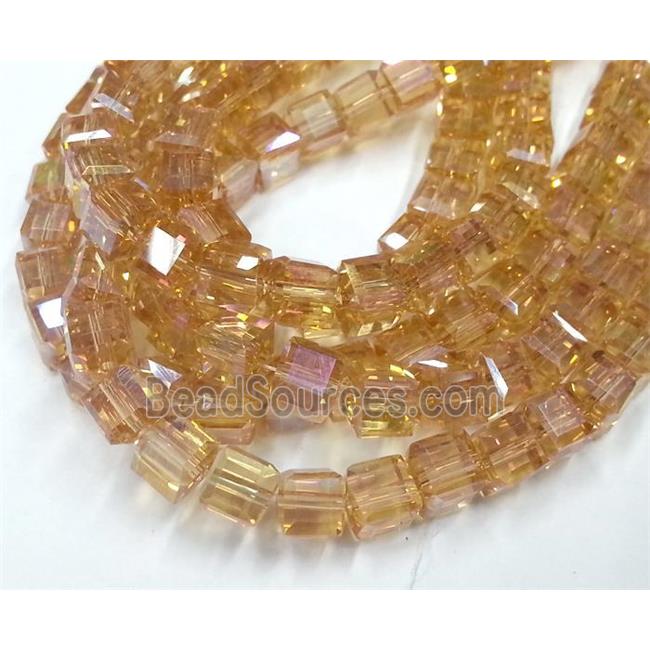 Chinese crystal glass bead, faceted cube, gold champagne