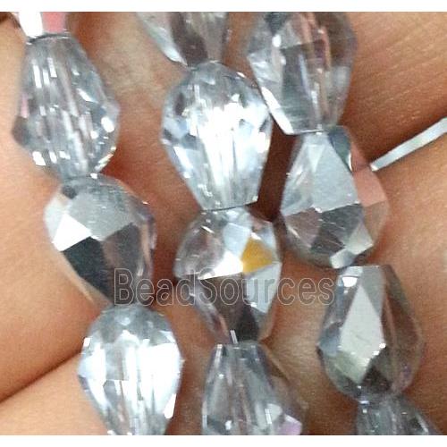 Chinese crystal glass bead, faceted teardrop, half silver plated