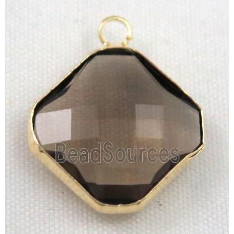 smoky Chinese crystal glass pendant, faceted square, gold plated