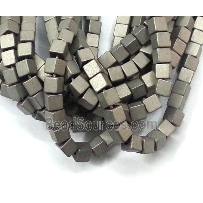 Hematite cube beads, no-Magnetic, matte, gray electroplated