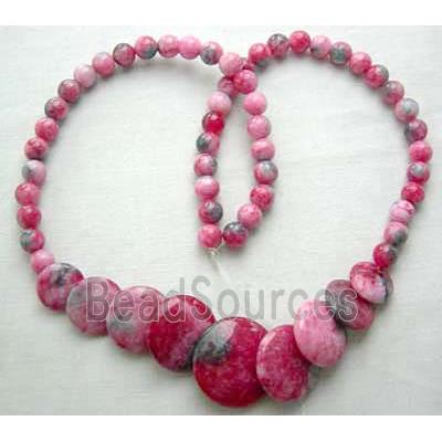 Jade Necklace, flat round, hot pink, 16"