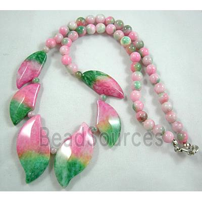 Jade Necklace, leaf, green/pink, 16"