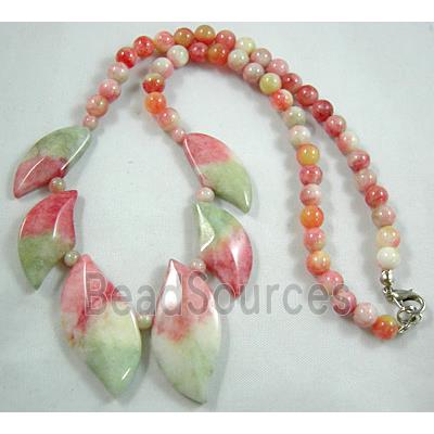 Jade Necklace, leaf, pink/white, 16"