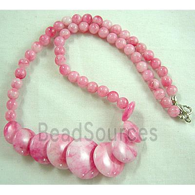 Jade Necklace, coin round, pink, 16"