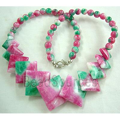 Jade Necklace, square, pink/green, 16"