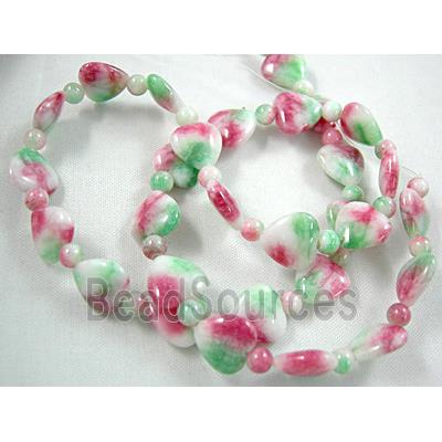 Jade beads, heart, round, pink/white