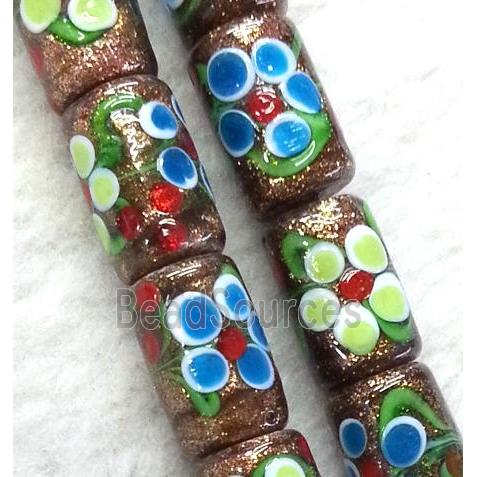 lampwork bead with flower and goldsand, round tube