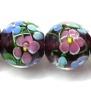 glass lampwork beads, round, flower, dark-purple