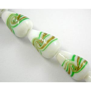 lampwork glass beads with swirl goldsand, teardrop, white