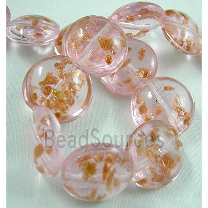 lampwork glass beads with goldsand, flat-round, pink