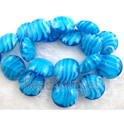 lampwork glass beads, flat-round, swirl line, blue