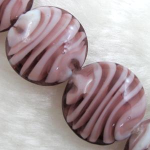 lampwork glass beads, flat-round, swirl line, purple