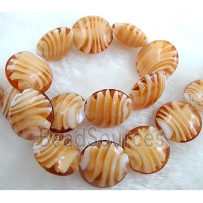 lampwork glass beads, flat-round, swirl line, orange