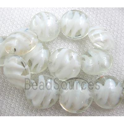 lampwork glass beads, flat-round, swirl line, clear