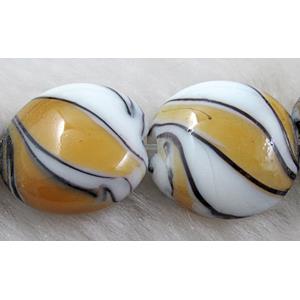 zebra lampwork glass beads, flat-round, yellow