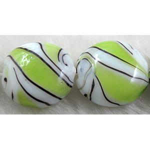 zebra lampwork glass beads, flat-round, olive