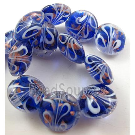 stripe lampwork glass beads, flat-round, deep-blue