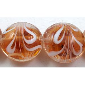 stripe lampwork glass beads, flat-round, golden