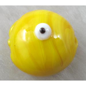  lampwork glass beads with evil eye, flat-round, yellow