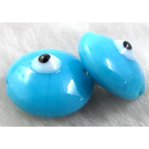  lampwork glass beads with evil eye, flat-round, aqua