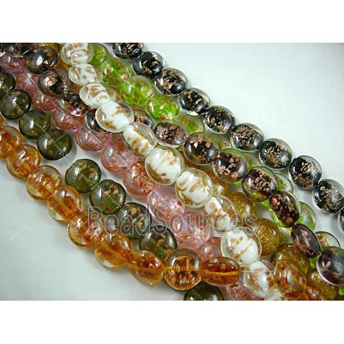 lampwork glass beads with goldsand, flat-round, mixed color