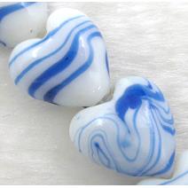 lampwork glass beads, heart, blue stripe, white