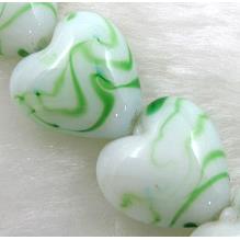 lampwork glass beads, heart, green stripe, white