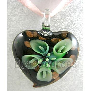 MixColors Lampwork Glass heart Pendants within Goldsand and Flower