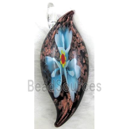 murano style glass lampwork pendant with goldsand, leaf, blue flower