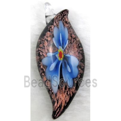 murano style glass lampwork pendant with goldsand, leaf, blue flower