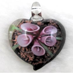 murano style glass lampwork pendant with goldsand, heart, pink flower