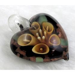 murano style glass lampwork pendant with goldsand, heart, yellow flower