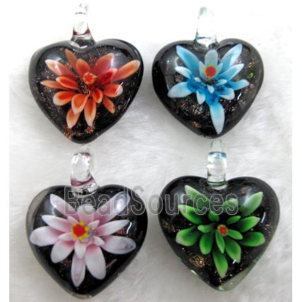 murano style lampwork glass pendant with goldsand, heart, butterfly, mixed color