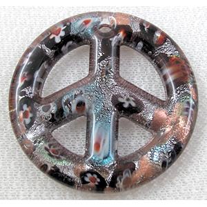 glass lampwork pendant with silver foil, peace sign, black