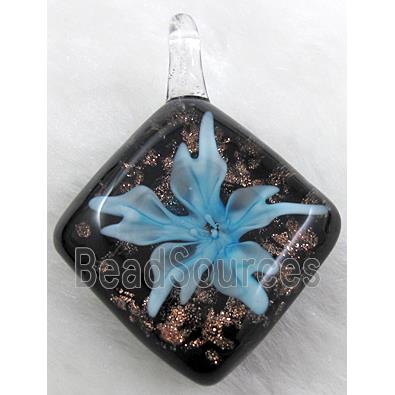 murano style lampwork glass pendant with goldsand, flower, sky-blue