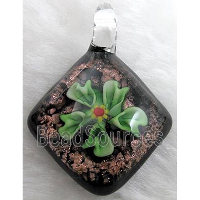 murano style lampwork glass pendant with goldsand, flower, green