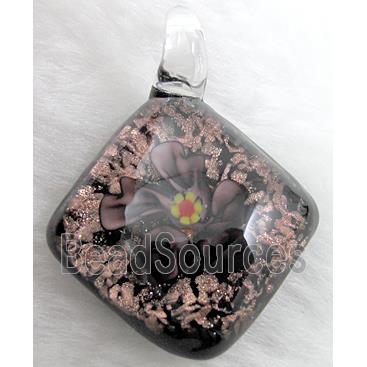 murano style lampwork glass pendant with goldsand, flower, grey