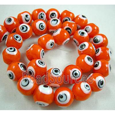 lampwork glass beads with evil eye, round, orange