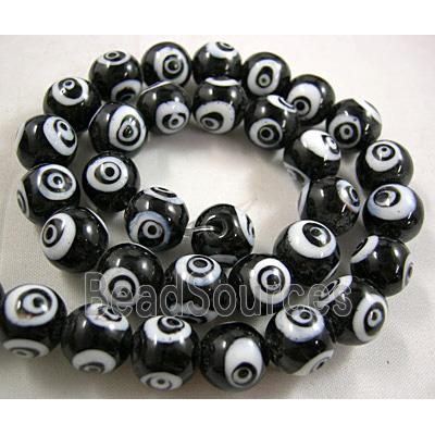 lampwork glass beads with evil eye, round, black