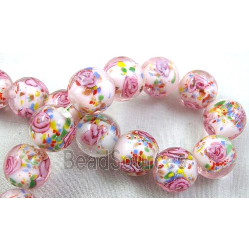 lampwork glass beads, flower, round, pink