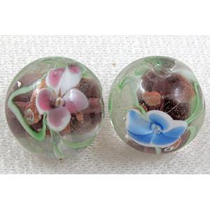 glass lampwork beads with goldsand, round, flower, purple