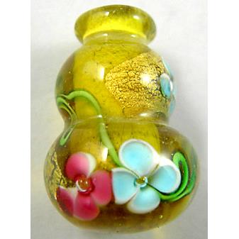 Lampwork Glass Bottle pendant with gold foil and flower, mix