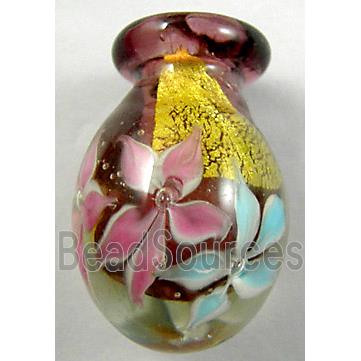 Lampwork Glass Bottle pendant with gold foil and flower, mix