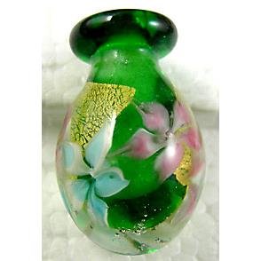 Lampwork Glass Bottle pendant with gold foil and flower, mix