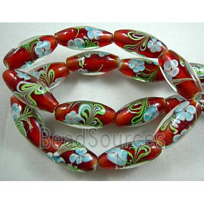 red lampwork glass beads, barrel, flower