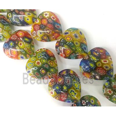 Millefiori glass bead, heart, mixed